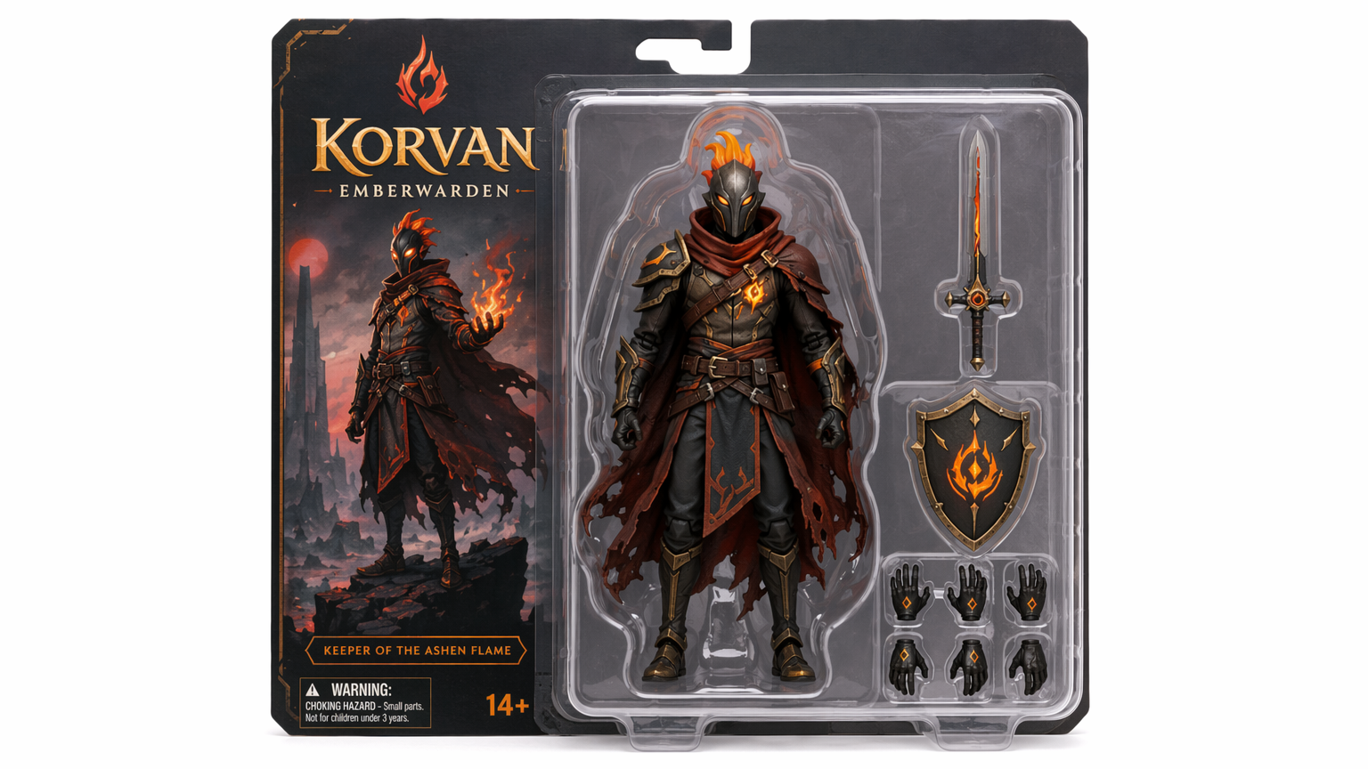 Blister-pack boxed action figure of an original character with molded plastic accessories on a white background