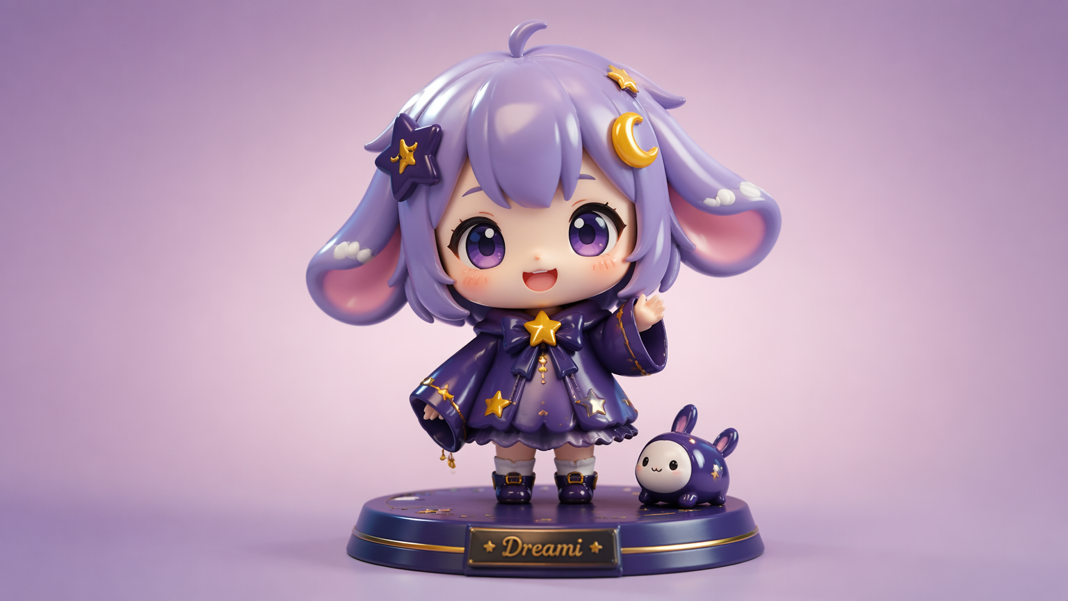 Chibi-style vinyl figurine of an original cute character with an oversized head on a display base