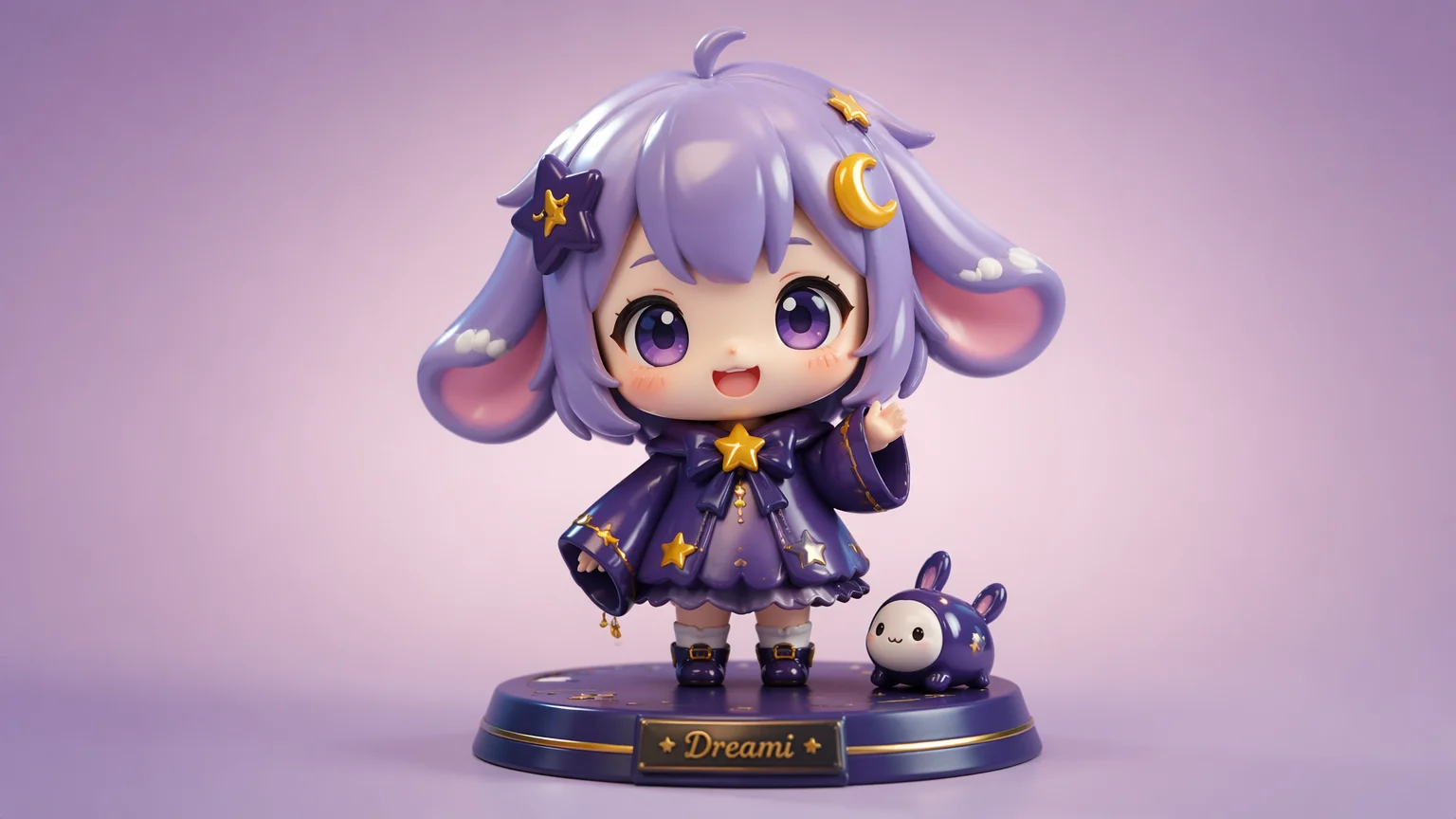 Chibi-style vinyl figurine of an original cute character with an oversized head on a display base