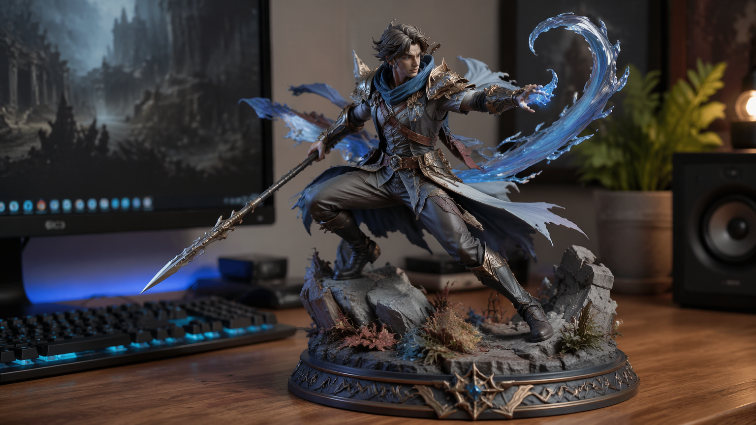 Detailed 3D collectible resin figurine of an original hero on a desk beside a keyboard and monitor