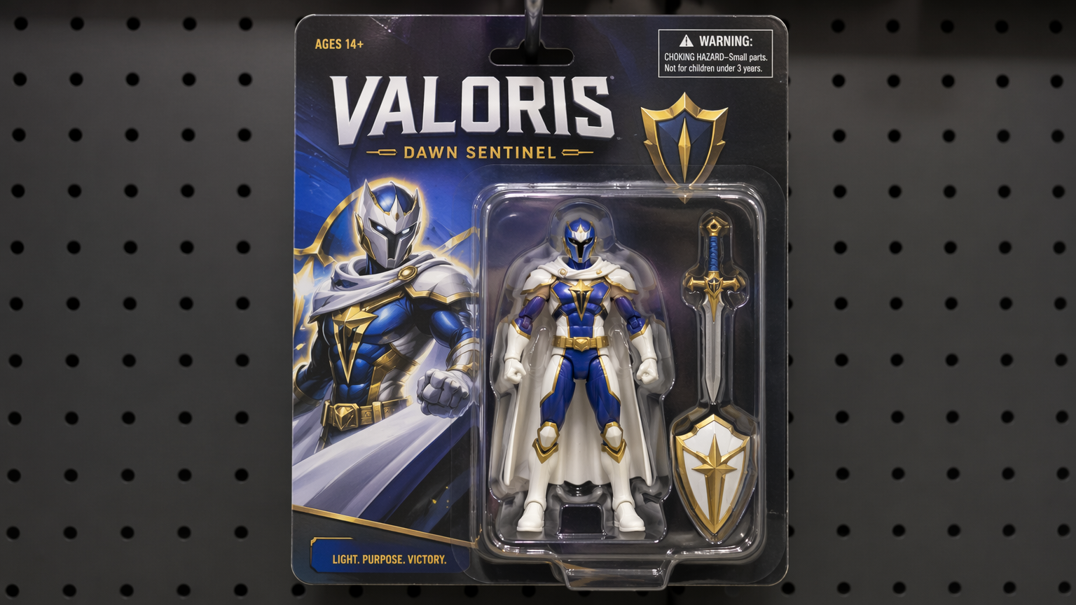 Original character as a boxed collectible action figure in blister packaging on a retail store peg, studio product shot