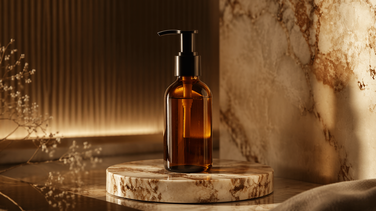 Original amber skincare bottle on a marble pedestal with warm cinematic lighting