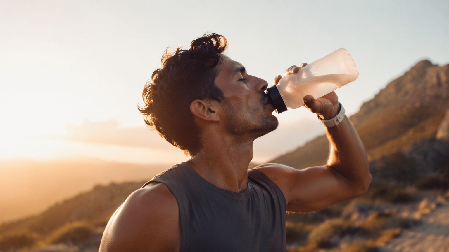 Original athletic man drinking from a sports bottle outdoors at golden hour