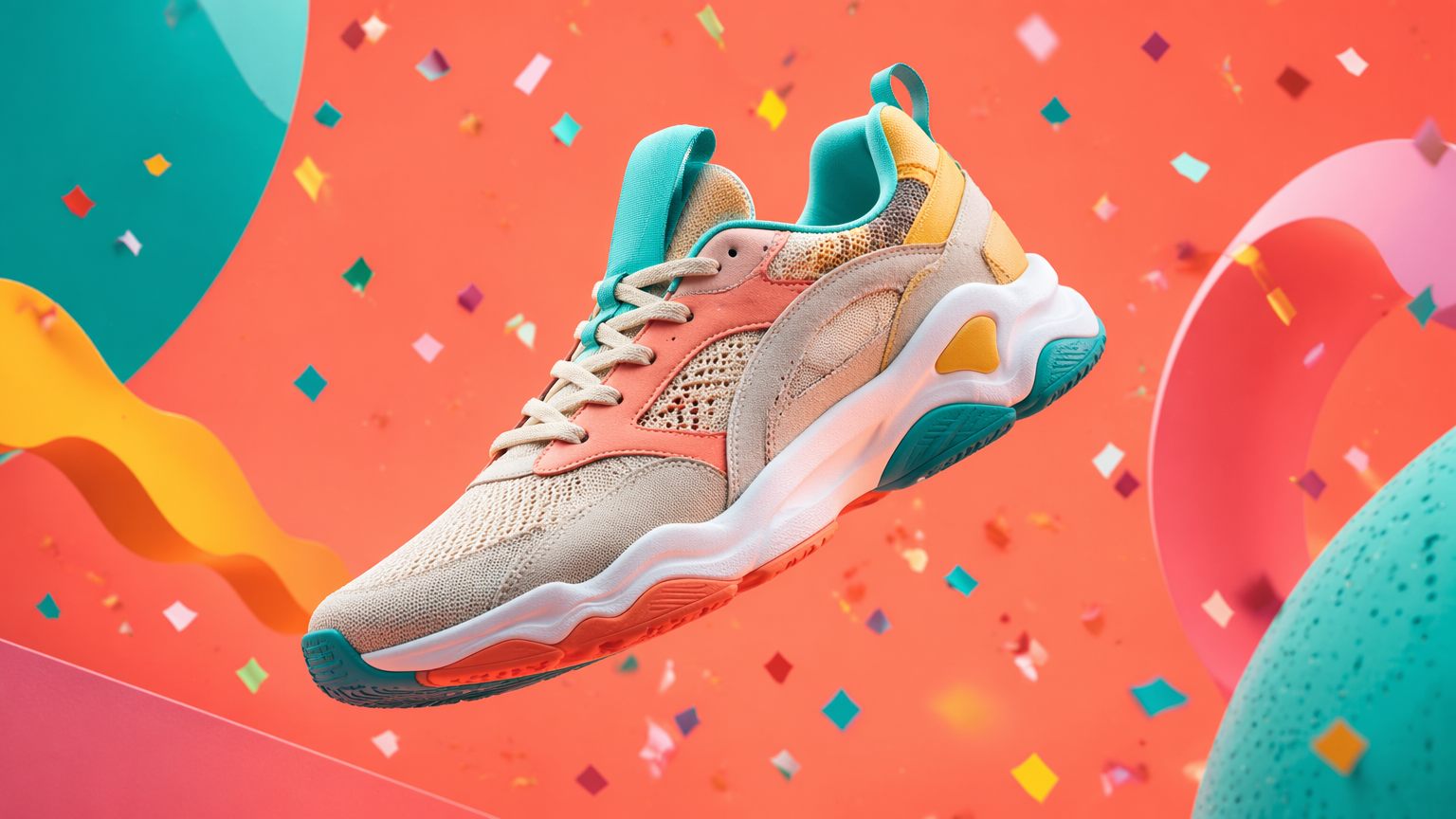 Original sneaker on a coral backdrop with colorful confetti, vibrant social ad style