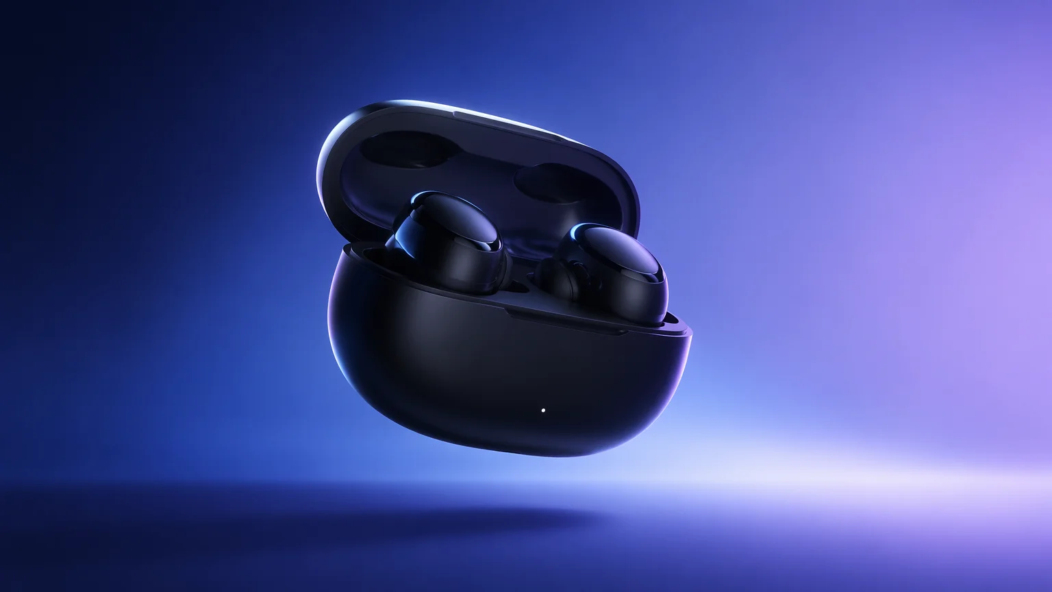 Premium commercial ad frame of an original matte-black wireless earbuds case on a blue-violet gradient backdrop