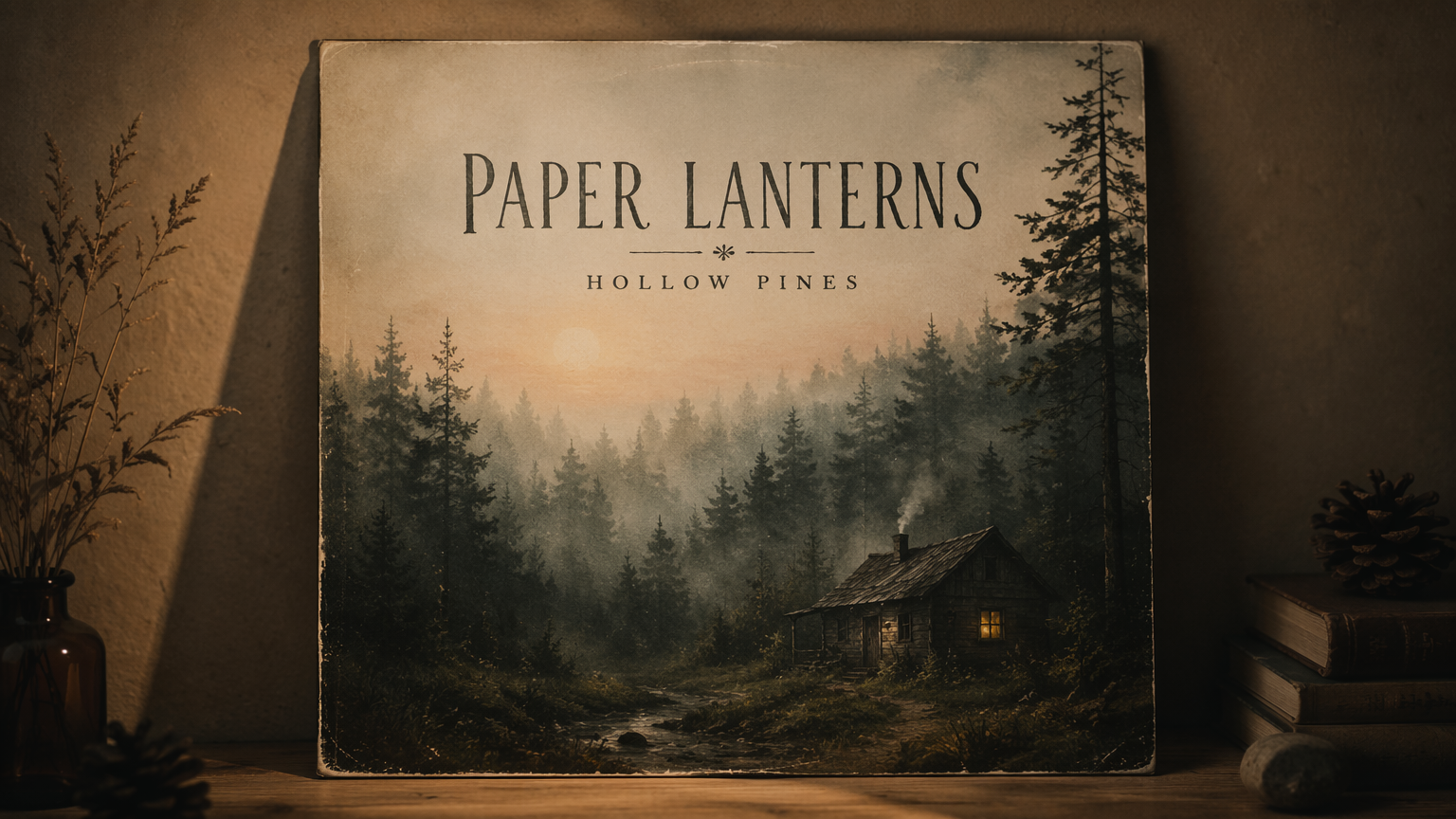 Indie folk album cover of a misty dawn forest with rendered band and album title text