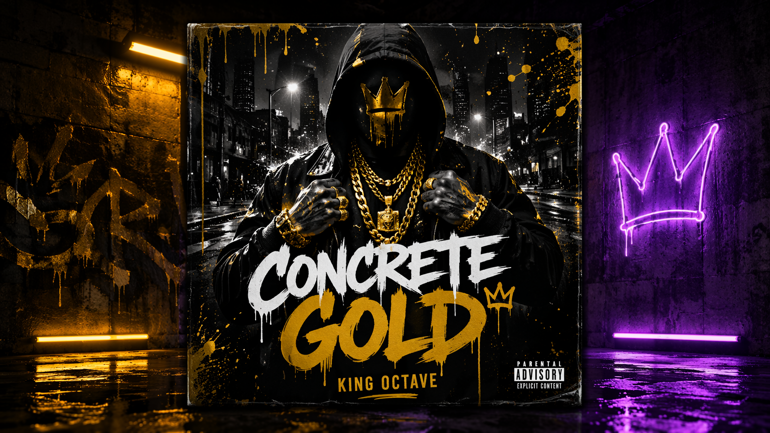 Bold hip-hop album cover with strong graffiti-style typography over an urban night scene