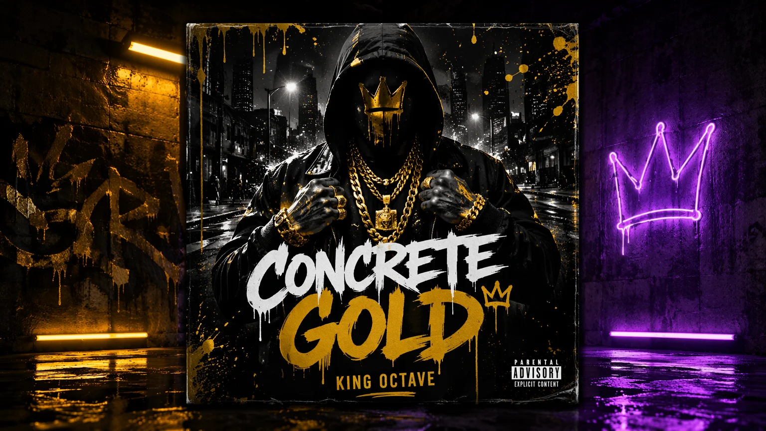 Bold hip-hop album cover with strong graffiti-style typography over an urban night scene