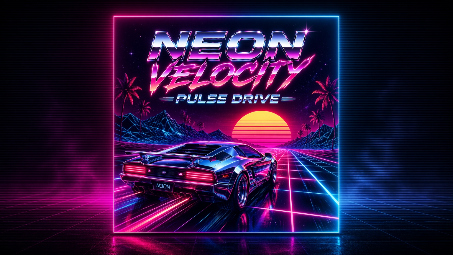 Synthwave electronic album cover with a neon sunset grid and glowing chrome retro title text