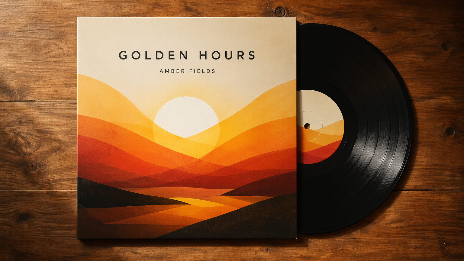 Vinyl record sleeve mockup on a wooden table showing an album cover with rendered title text