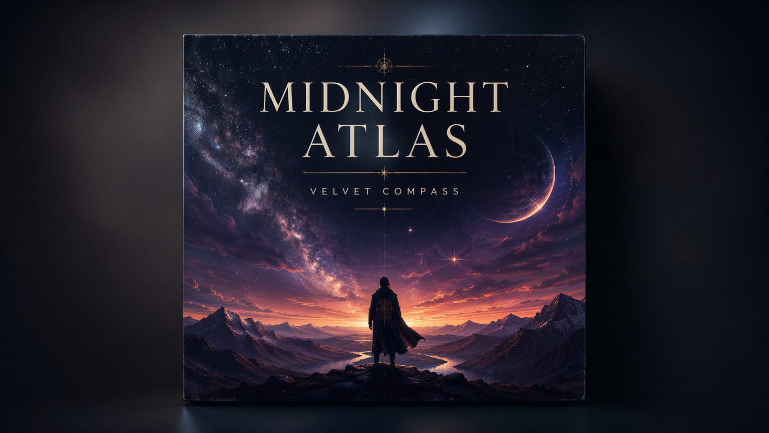 Original AI album cover with rendered band and title text against a cosmic dusk backdrop