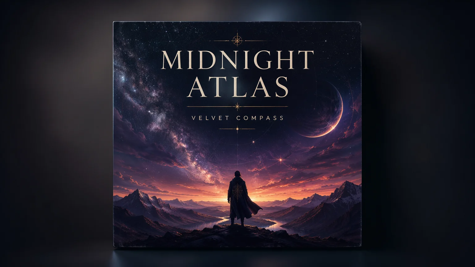 Original AI album cover with rendered band and title text against a cosmic dusk backdrop