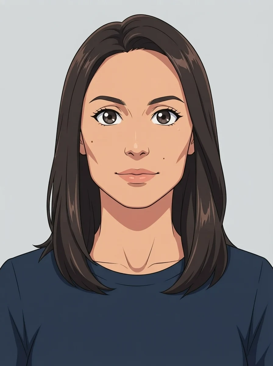 After: real model output — the same woman redrawn as a modern anime illustration with cel shading, both moles kept