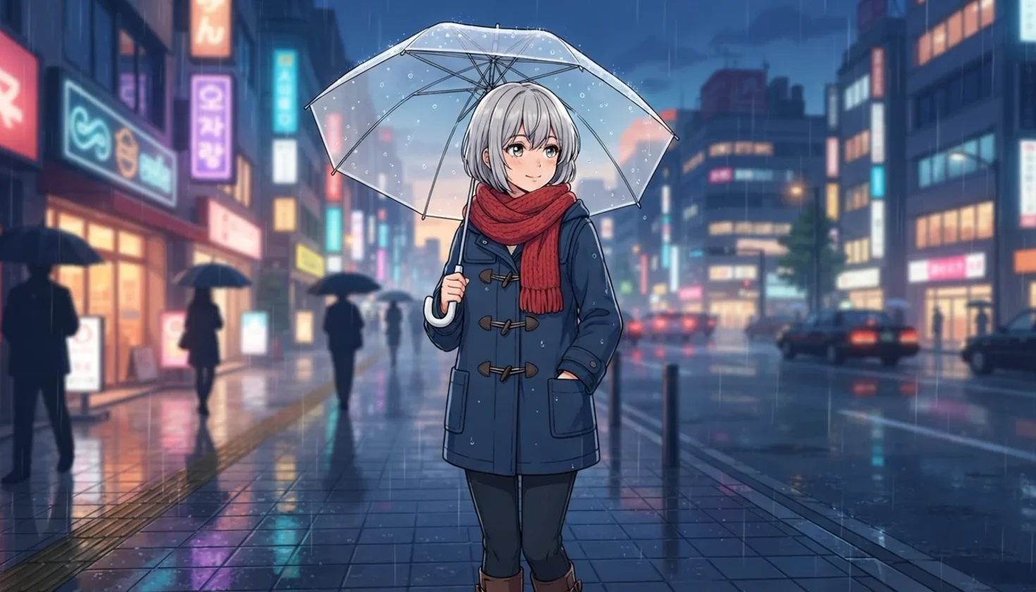 Original anime character with short silver hair and a red scarf holding a clear umbrella on a rainy neon street