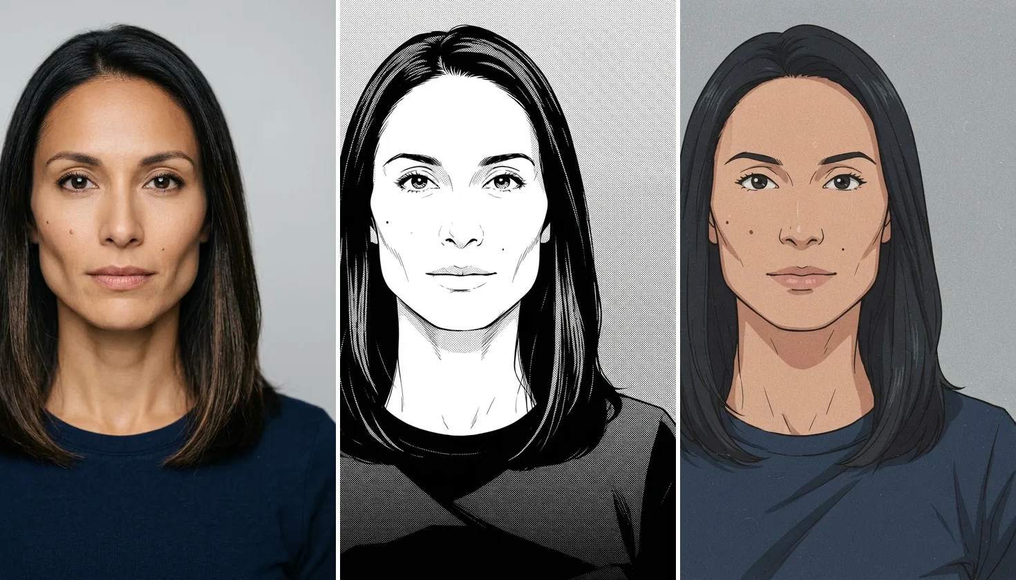 Three panels: a portrait photo, the same woman as black-and-white manga, and as a 90s retro anime illustration