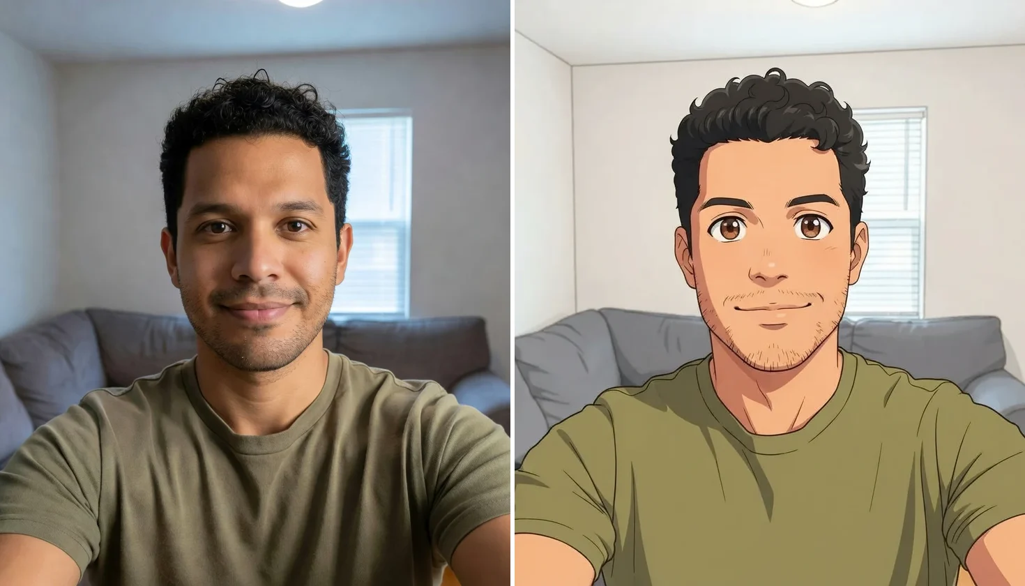 Side by side: a selfie of an AI-generated fictional man and the same man redrawn as a modern anime illustration