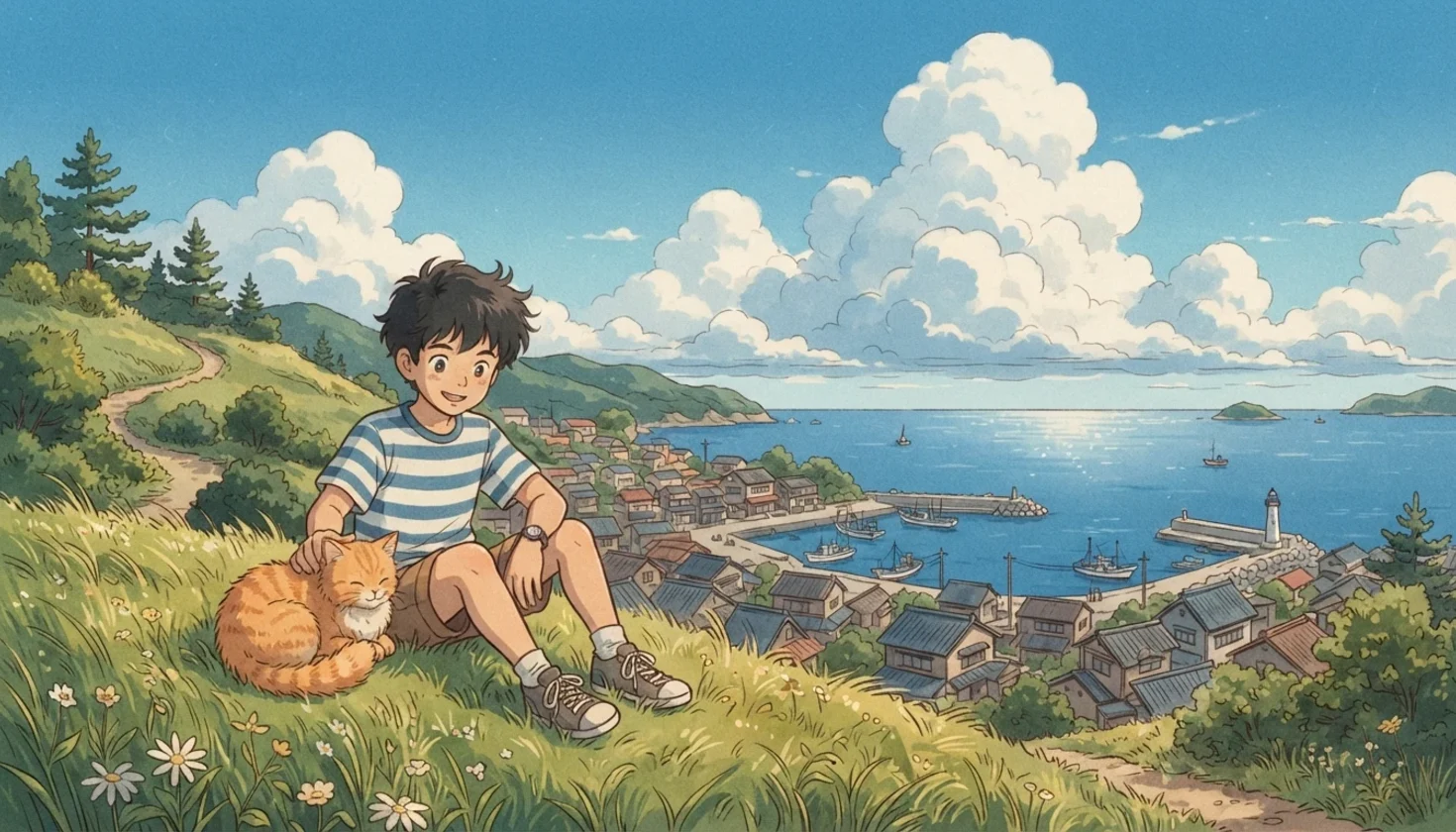 Retro-style anime scene of a boy and an orange cat on a grassy hill above a seaside town