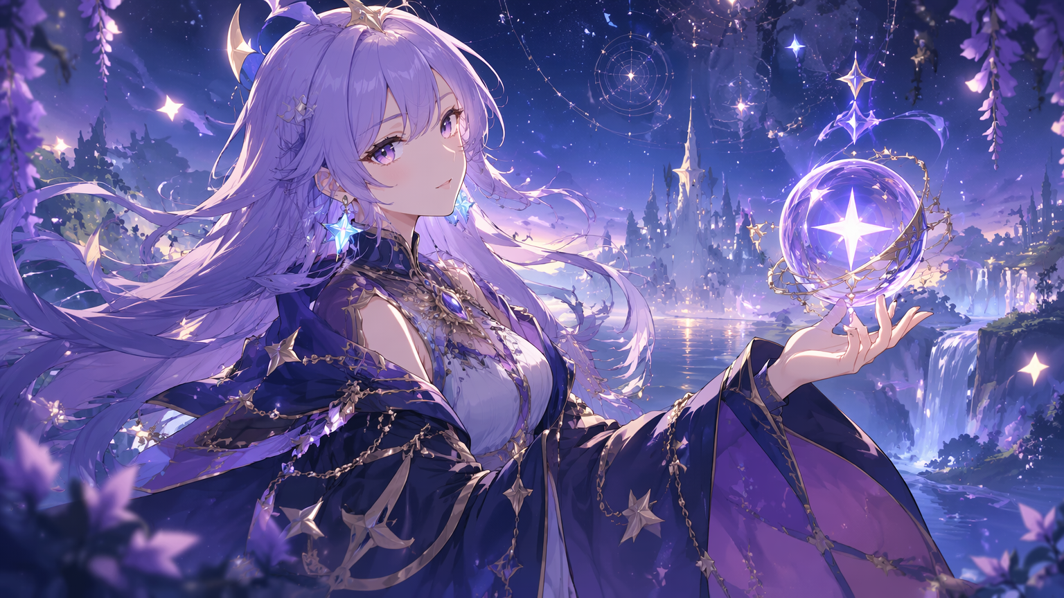 Original anime-style sorceress portrait with lavender hair and glowing star earrings, soft cel-shading