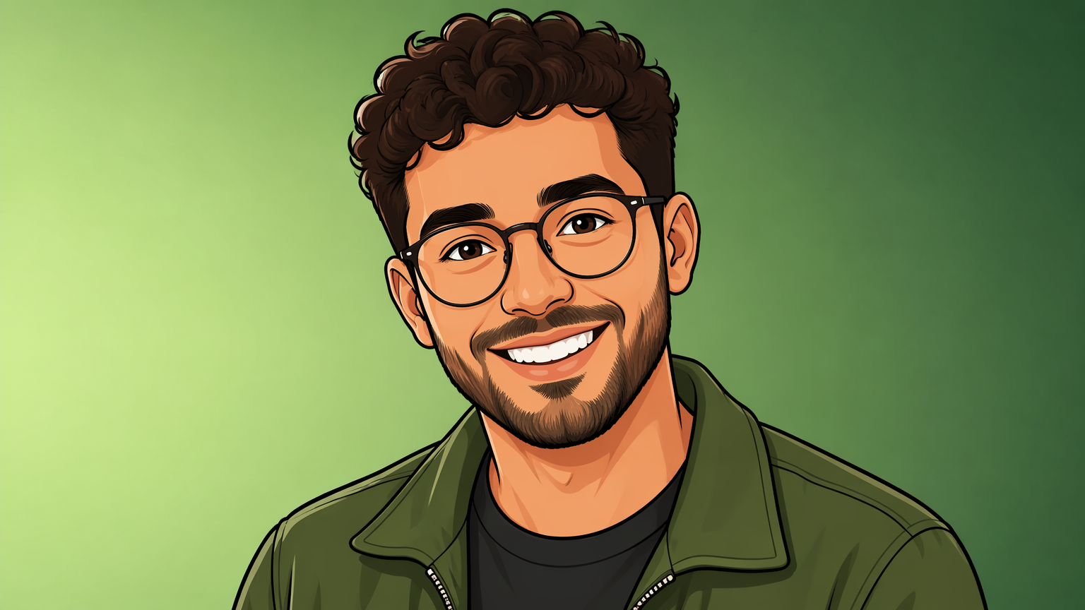 Photo-to-cartoon avatar of an original man with curly hair and round glasses, flat cartoon-style shading