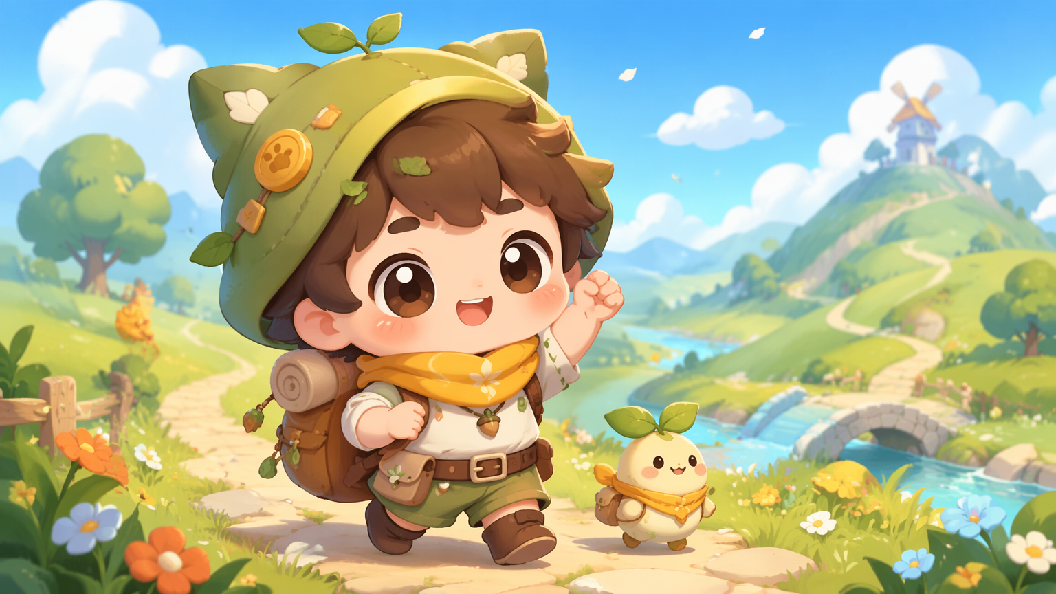 Original chibi cartoon-style adventurer with oversized head, big eyes, yellow scarf and backpack