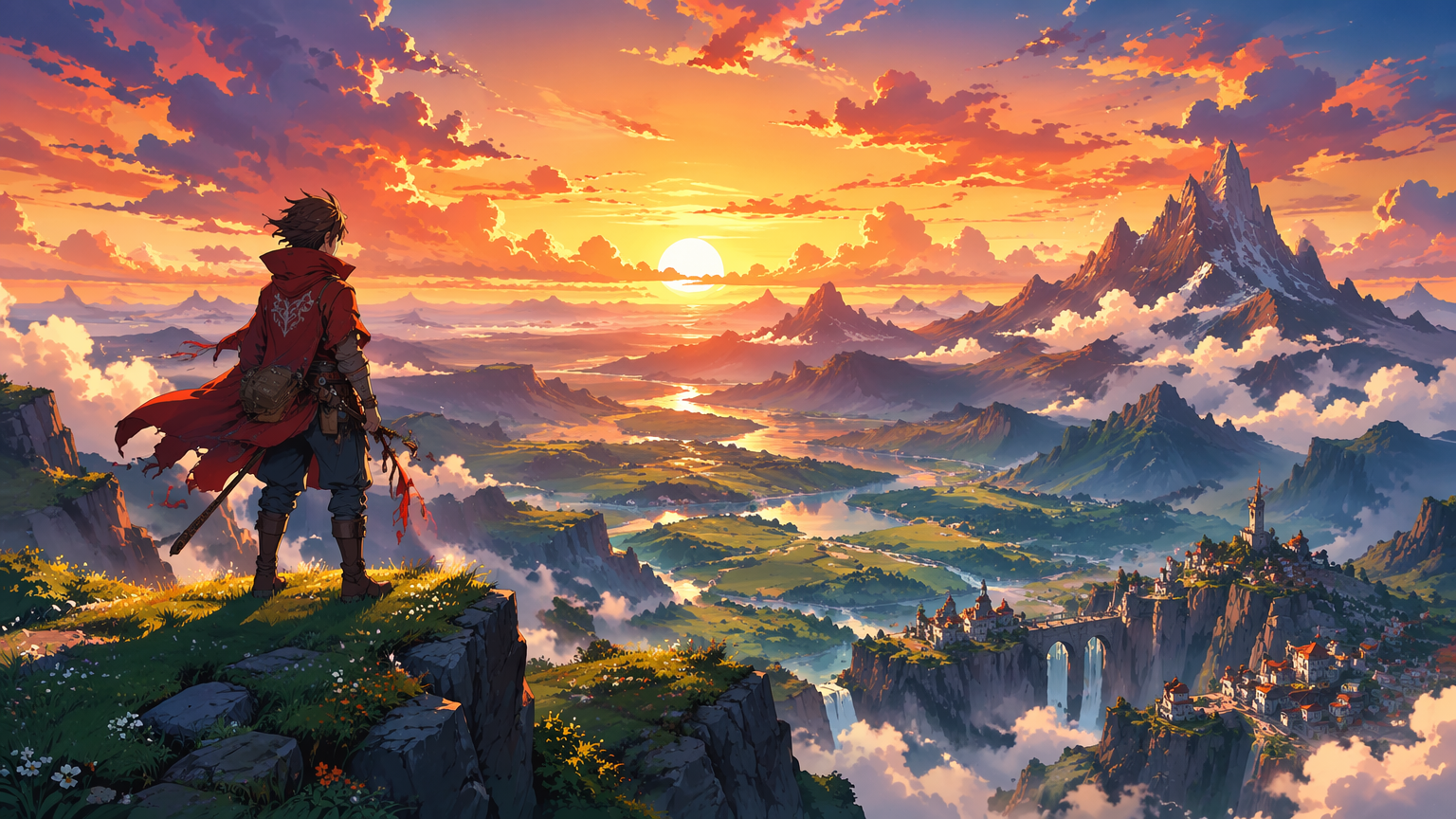 Cel-shaded anime-style landscape with an original traveler in a red coat overlooking a sunset valley
