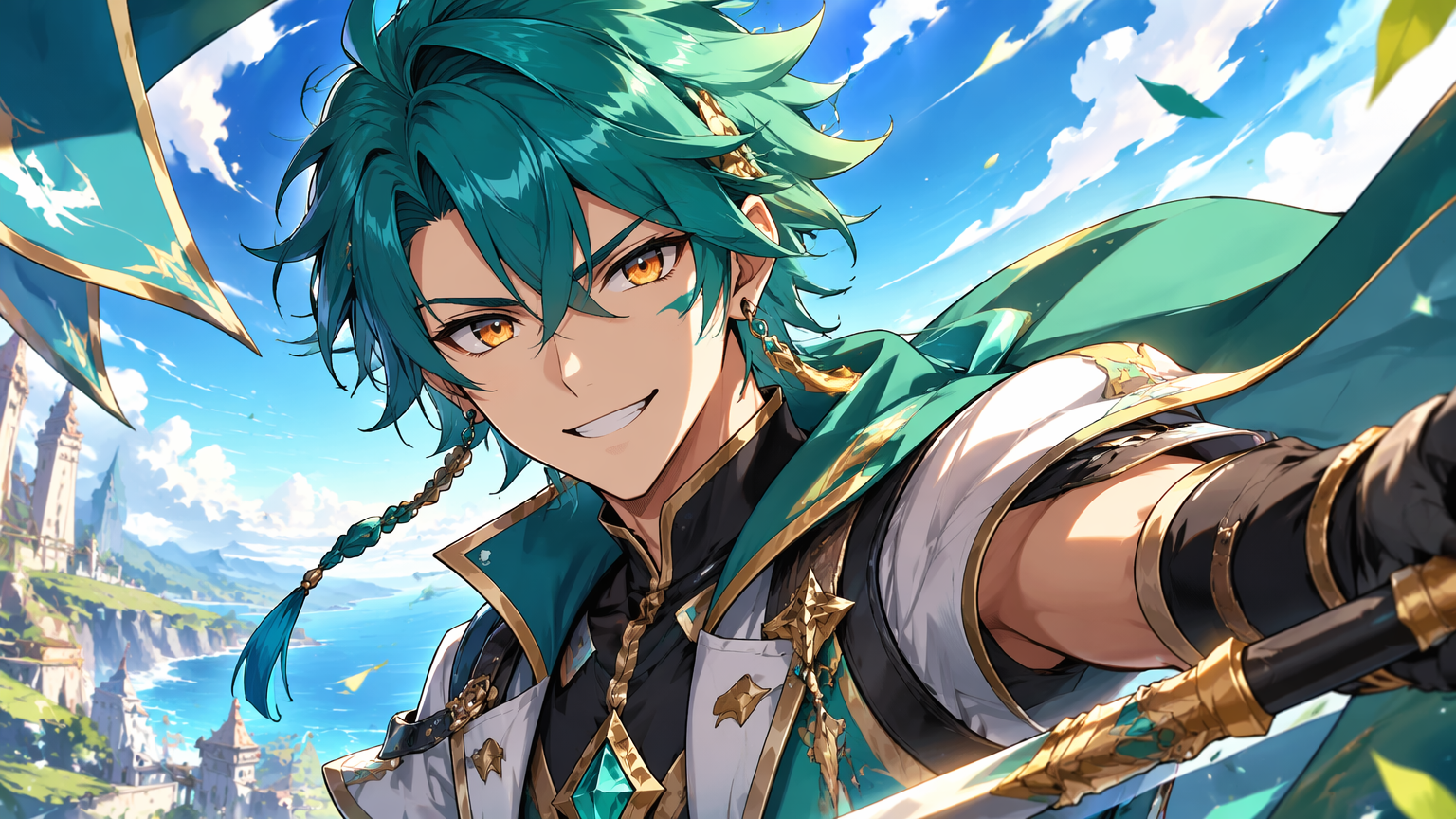 Original anime-style hero portrait with teal hair and amber eyes, vibrant cel-shading