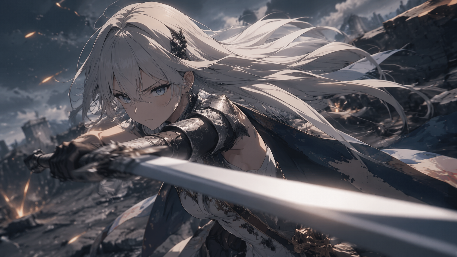 Original silver-haired warrior girl in an action pose with motion blur, cel-shaded