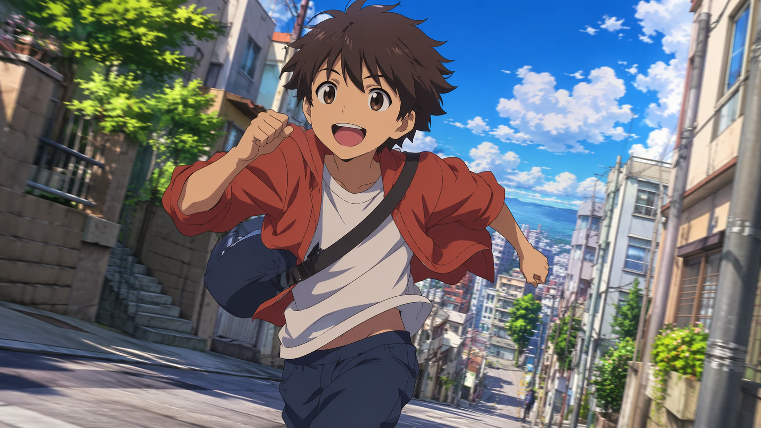 Original boy character running through a sunlit city street, cel-shaded animation still