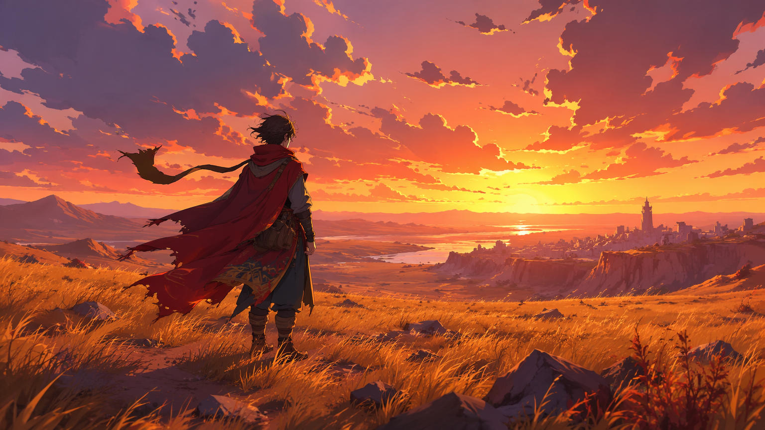Original red-cloaked traveler crossing a windswept field at sunset, cel-shaded