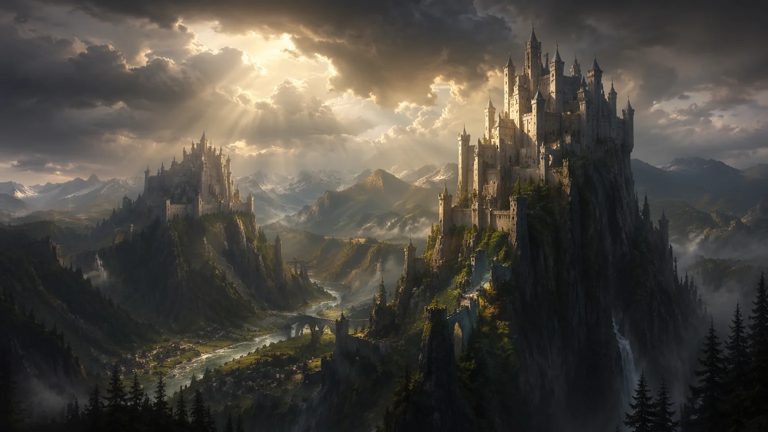 AI-generated fantasy concept art showing dramatic landscape with castles, moody sky, and cinematic lighting