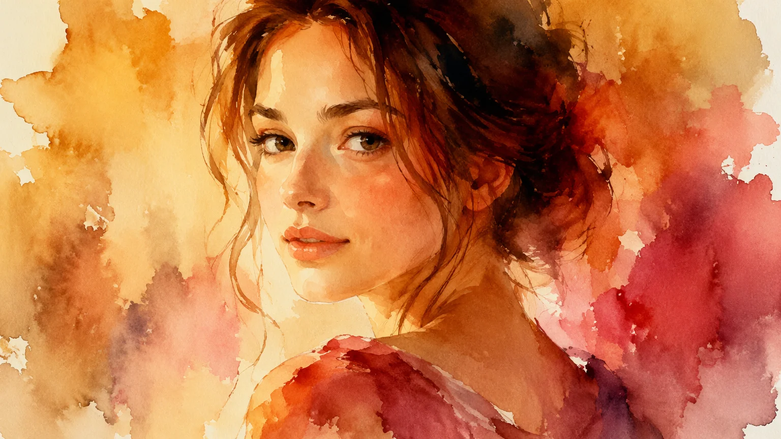 AI-generated watercolor portrait with soft color washes, warm tones, and expressive painterly brushwork