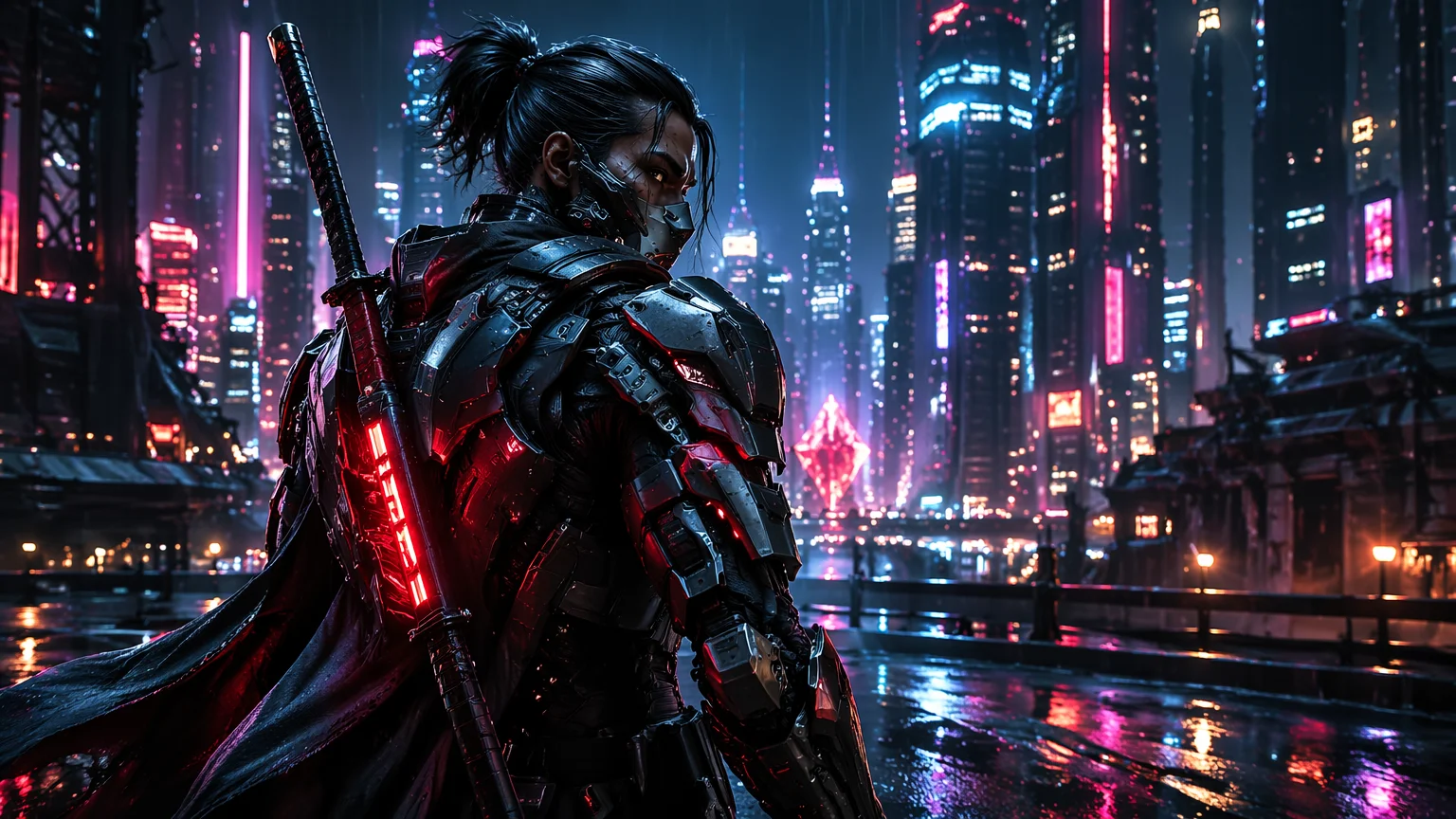 AI-generated sci-fi character concept art showing cyberpunk warrior with detailed armor and neon city backdrop