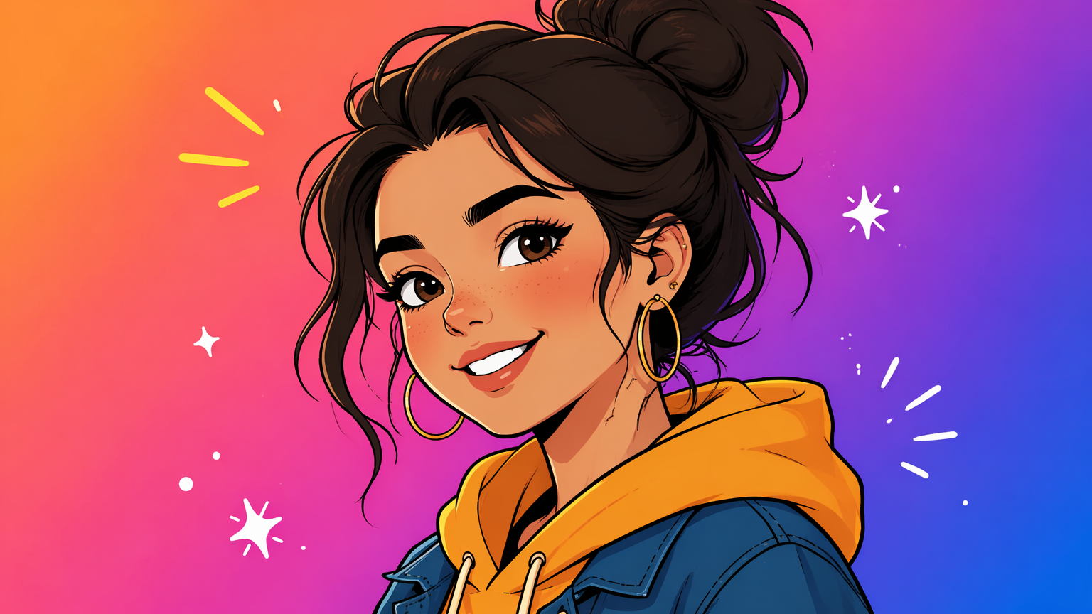 Stylized flat-color cartoon illustrated AI avatar of an original person on a vibrant gradient background