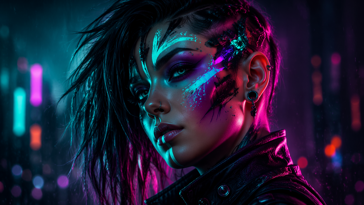 Cyberpunk fantasy AI avatar of an original person with glowing neon face paint and teal-magenta lighting