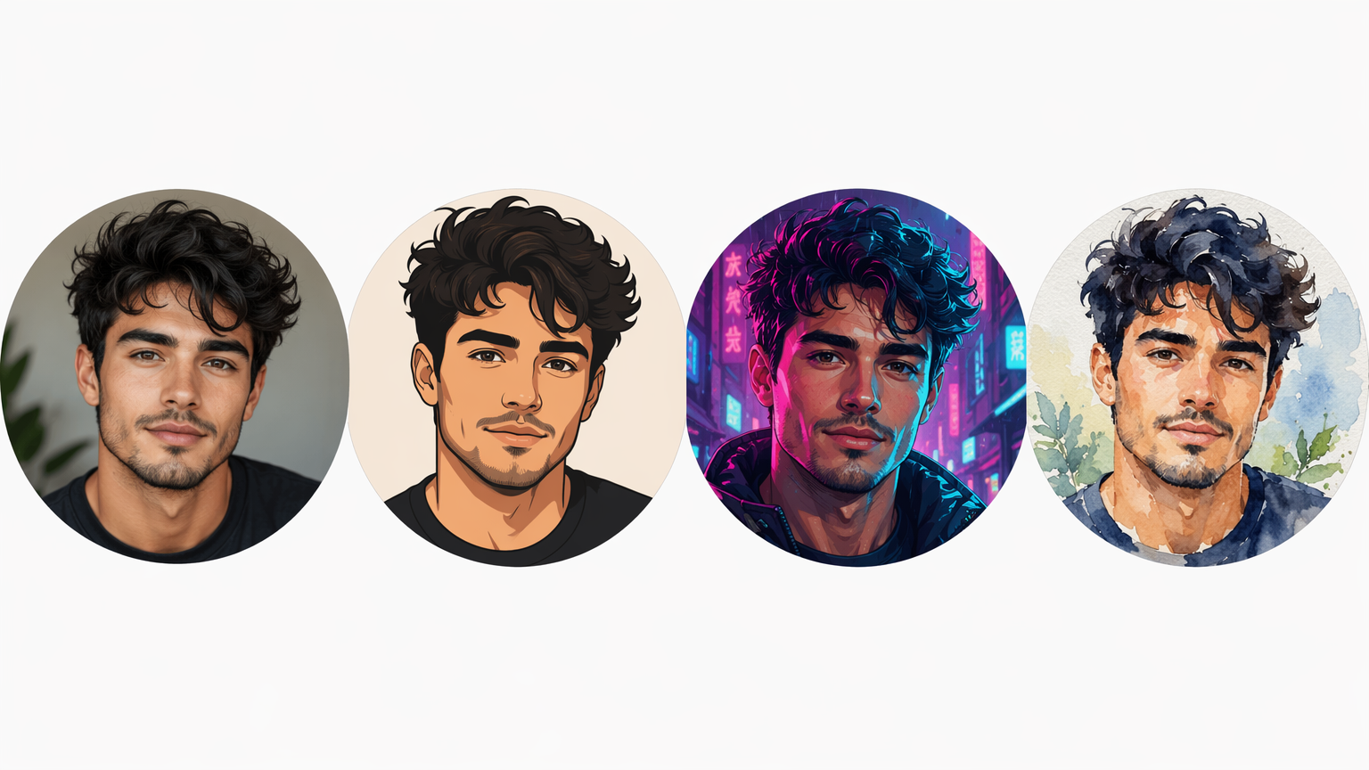 Row of four AI avatars of the same original face in realistic, cartoon, cyberpunk and watercolor styles