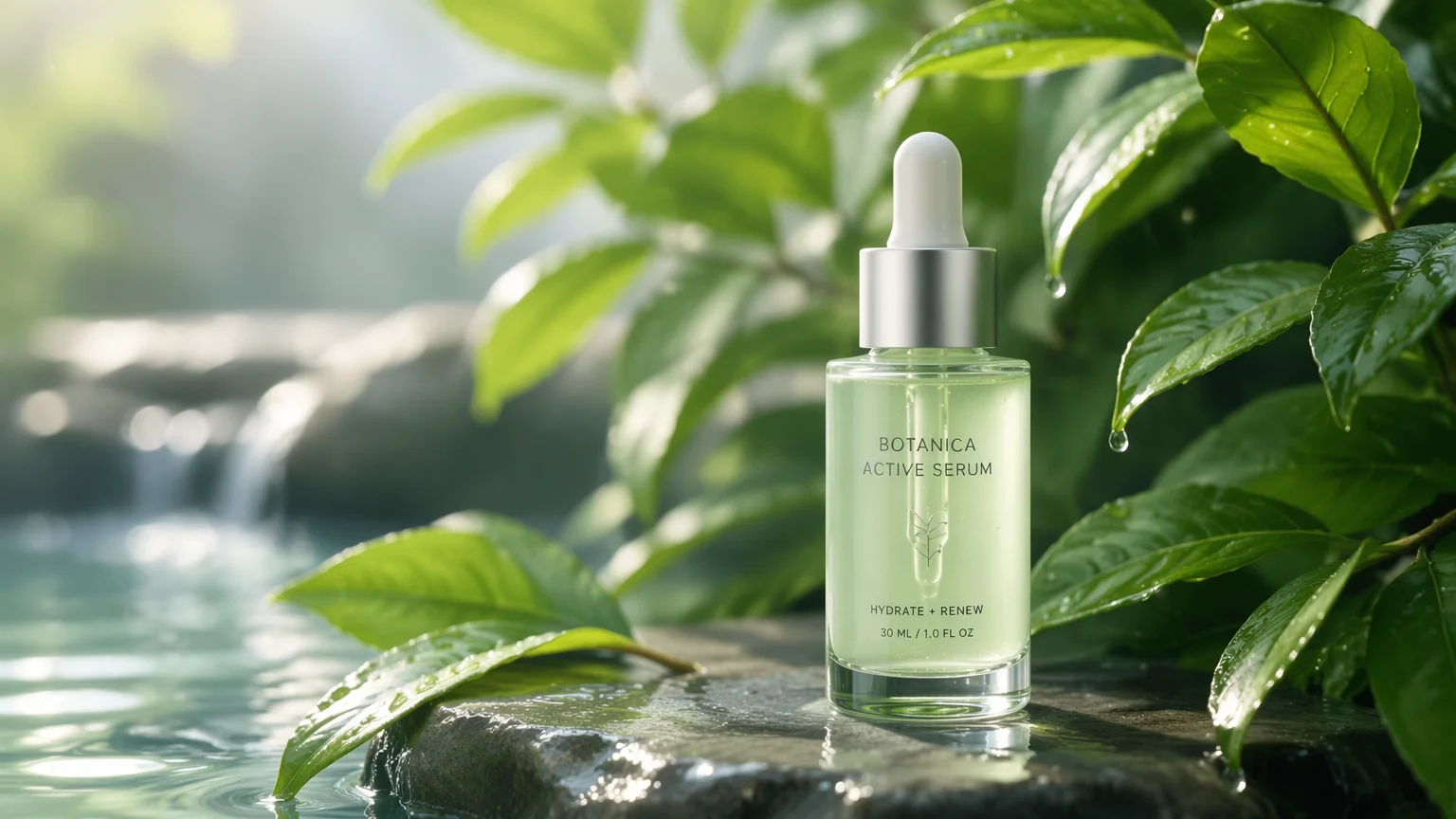 AI-generated serum bottle on a lifestyle background of leaves and water
