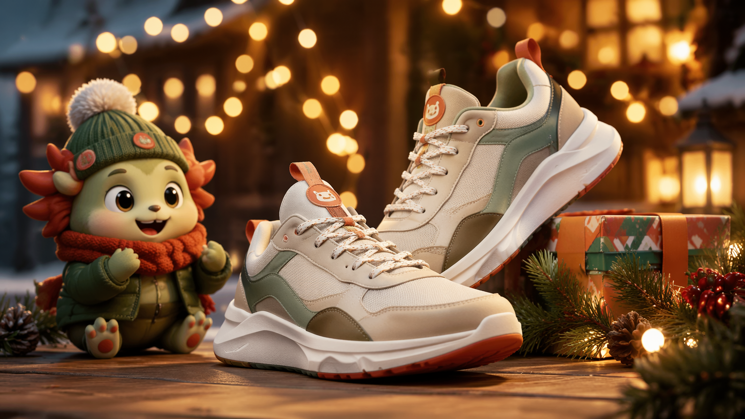 Fondo de producto con IA que coloca una zapatilla en una escena de temporada
