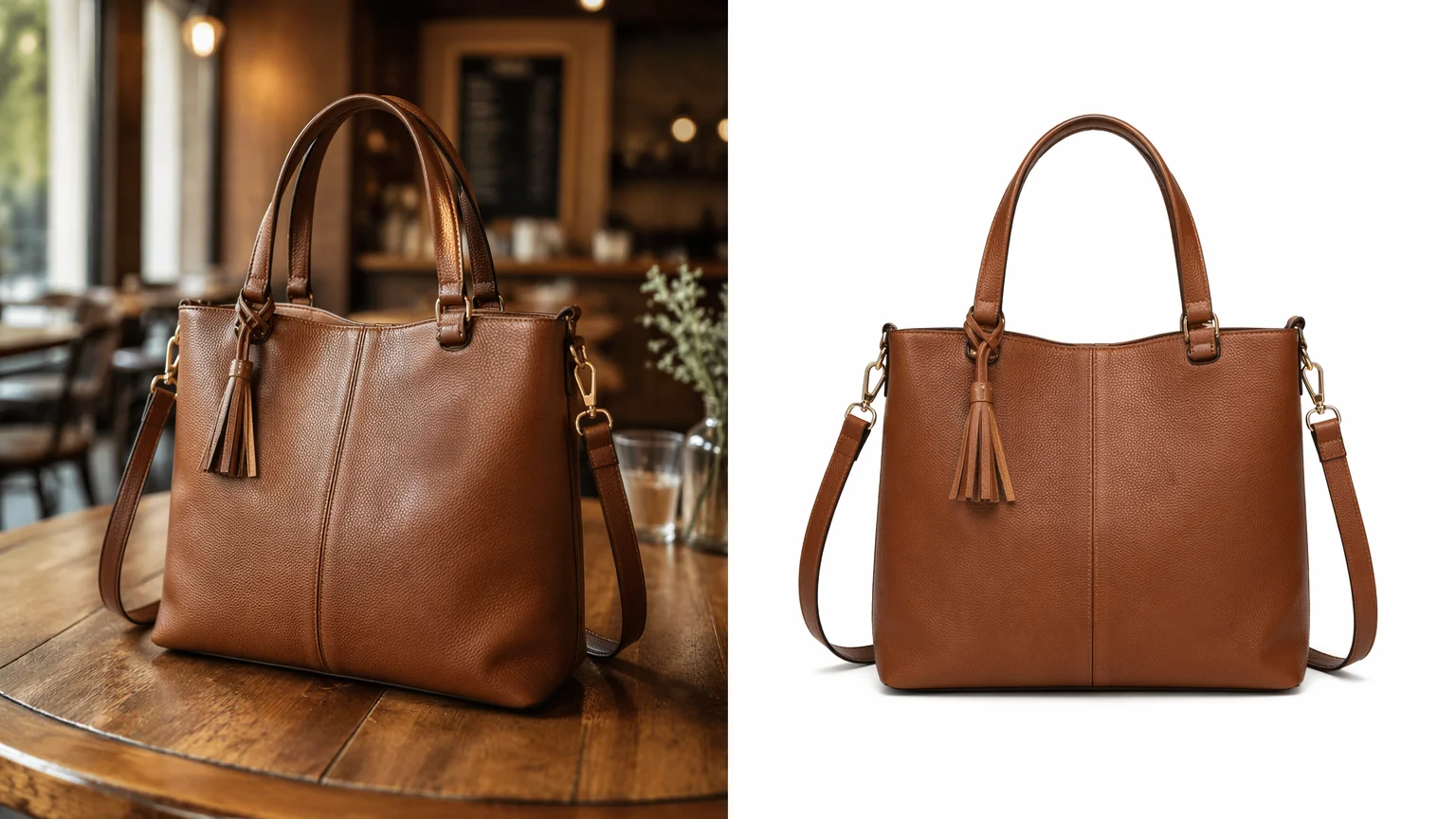 Eine Ledertasche, von einem Cafétisch freigestellt auf einen sauberen weißen Hintergrund