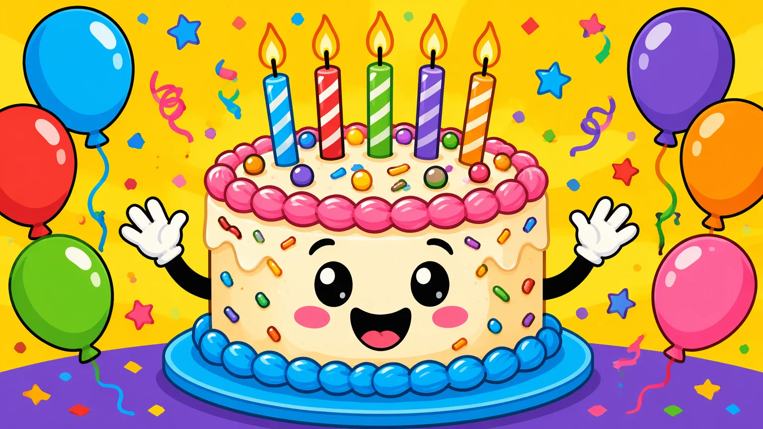 AI-generated whimsical cartoon birthday card with bright colors and fun characters