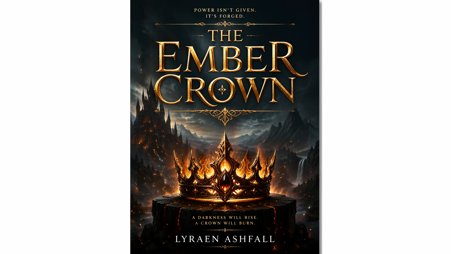 AI-generated fantasy book cover with an ornate gold rendered title and a misty landscape