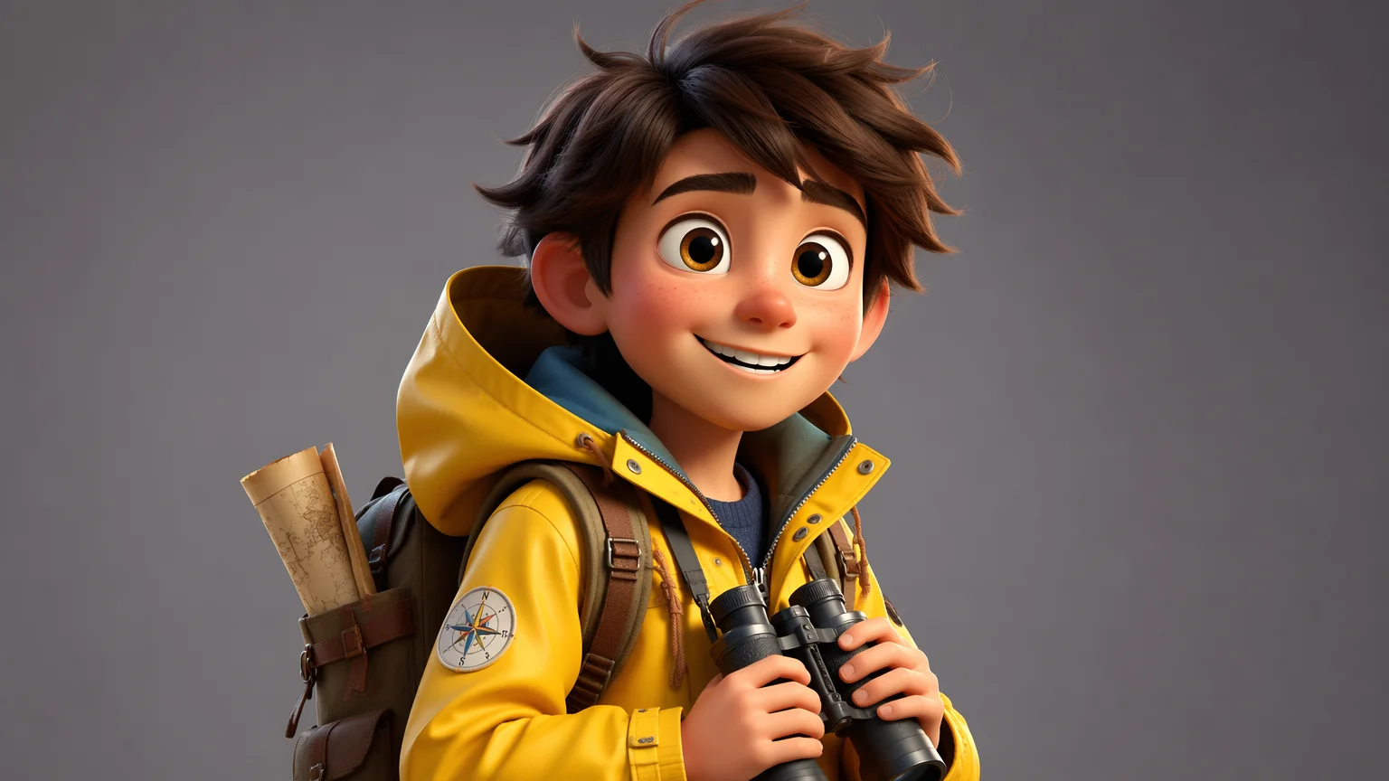 A 3D Pixar-style original cartoon explorer character in a yellow raincoat