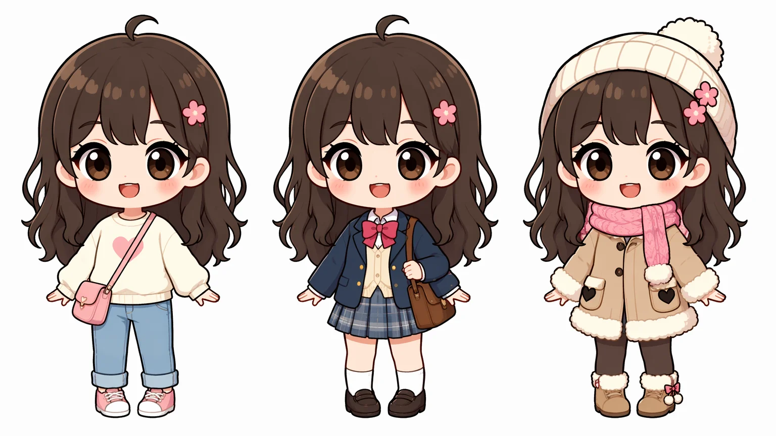 同じ顔のオリジナルちびキャラに私服・制服・季節衣装を着せ替えた、フラット塗りの衣装違いバリエーション