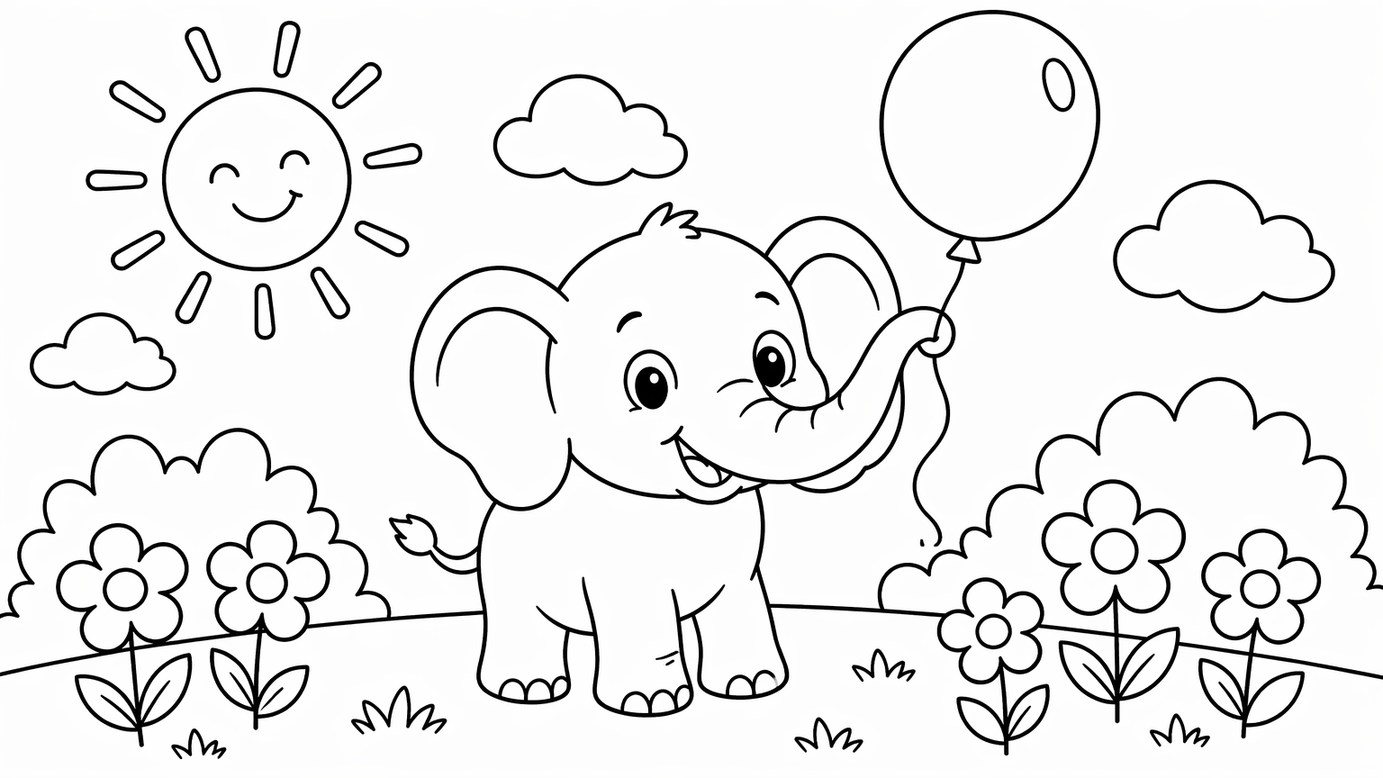 Kids coloring page of a smiling cartoon elephant with a balloon in a simple garden, bold black outlines on white