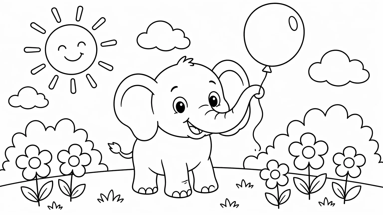 Kids coloring page of a smiling cartoon elephant with a balloon in a simple garden, bold black outlines on white