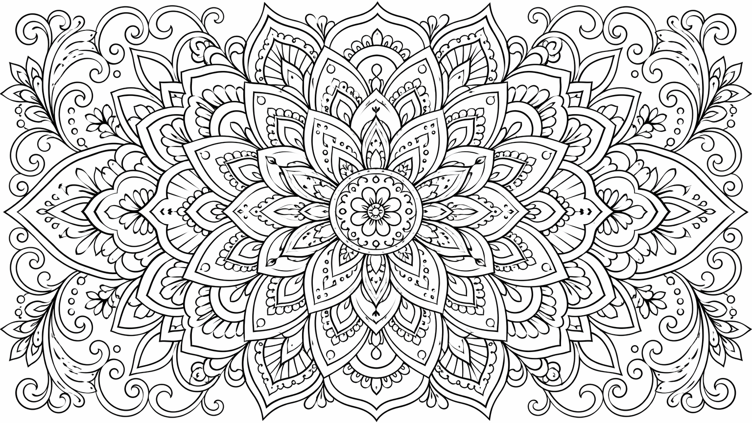 Intricate symmetrical mandala adult coloring page with fine floral and geometric line art on white