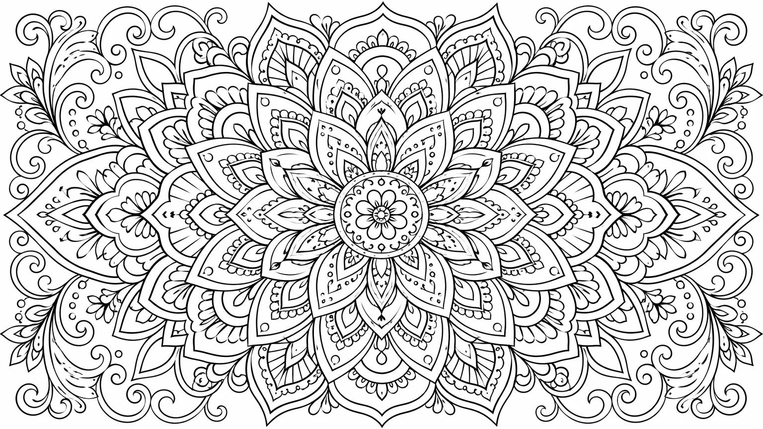 Intricate symmetrical mandala adult coloring page with fine floral and geometric line art on white