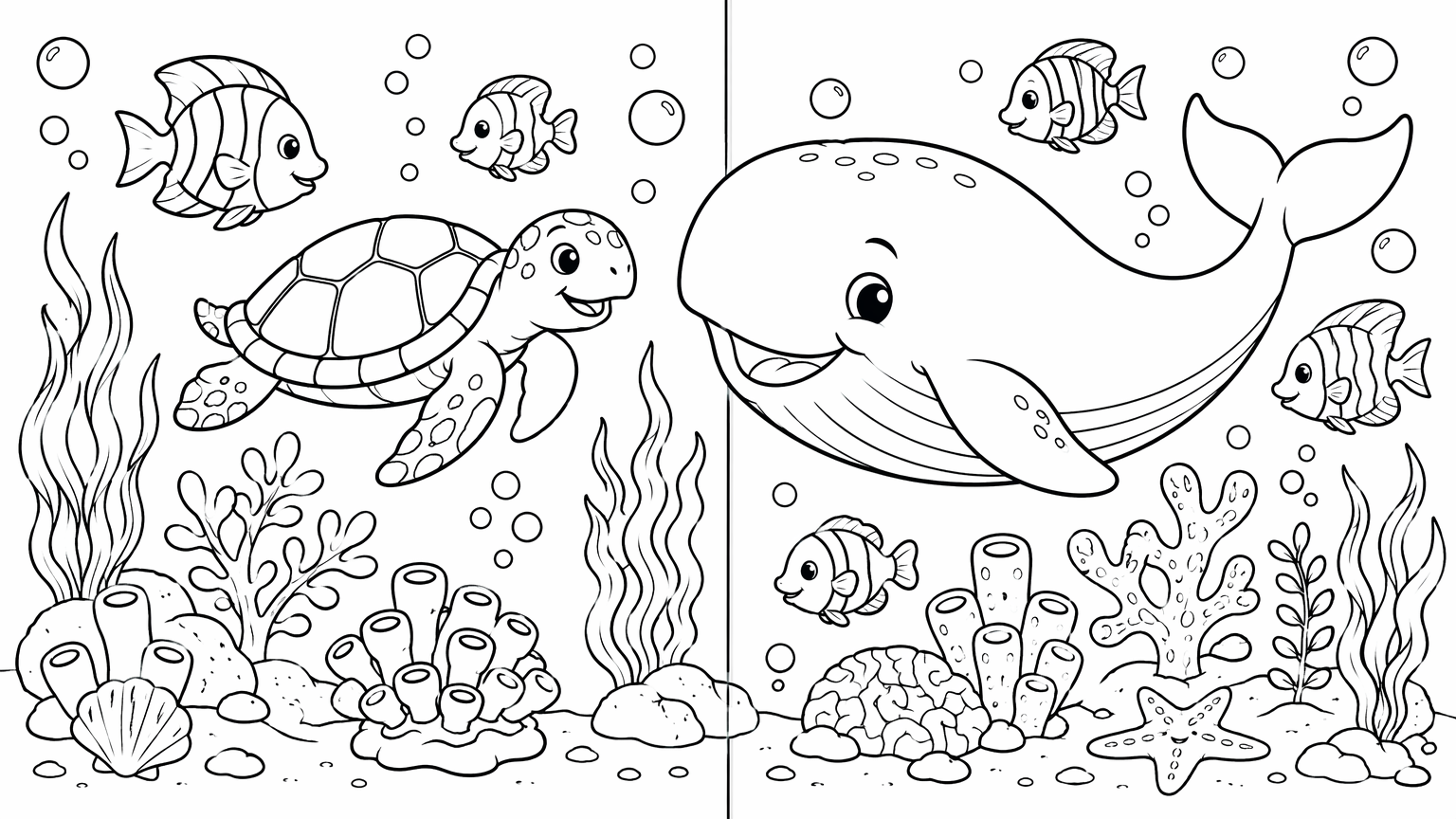 Underwater coloring book spread with a whale, sea turtle, fish and coral in bold black line art on white