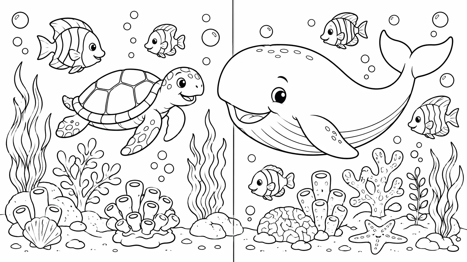 Underwater coloring book spread with a whale, sea turtle, fish and coral in bold black line art on white