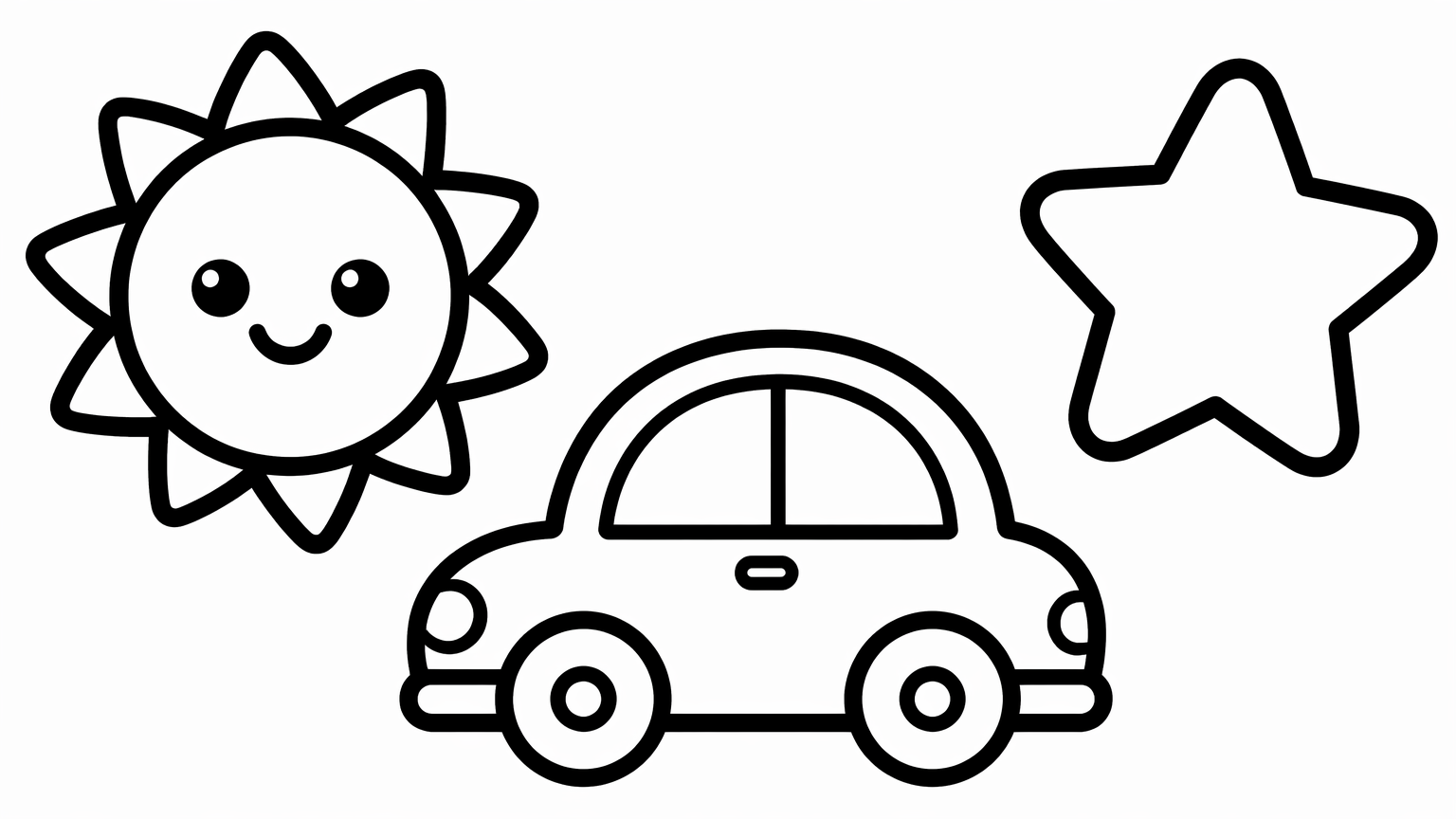 Toddler coloring page with a big sun, car and star in extra-thick bold outlines on white