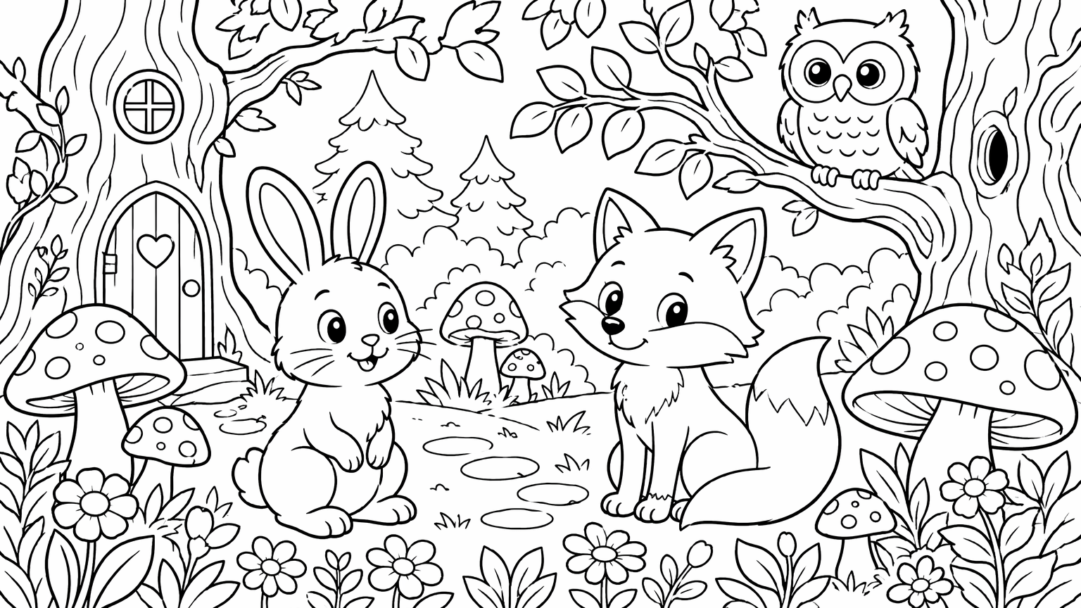 Original woodland-animal coloring page with bold black outlines on white, printable line art
